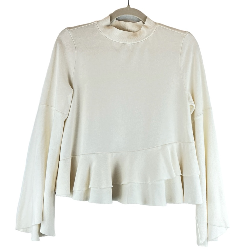 Nordstrom BP Asymmetrical Ruffle Hem Top Shirt Flare Sleeve Ivory Cream XS